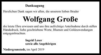 Traueranzeige von Wolfgang Große von Thüringer Allgemeine, Thüringische Landeszeitung