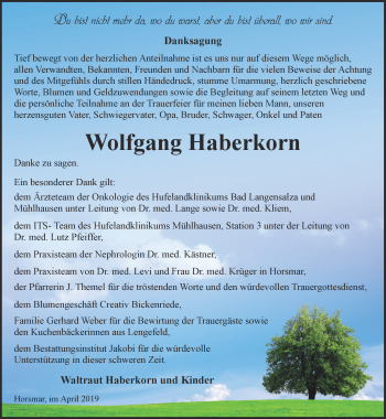 Traueranzeige von Wolfgang Haberkorn von Thüringer Allgemeine, Thüringische Landeszeitung