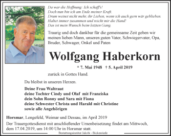 Traueranzeige von Wolfgang Haberkorn von Thüringer Allgemeine, Thüringische Landeszeitung
