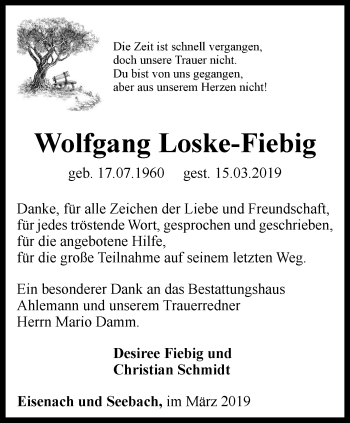 Traueranzeige von Wolfgang Loske-Fiebig von Thüringer Allgemeine, Thüringische Landeszeitung