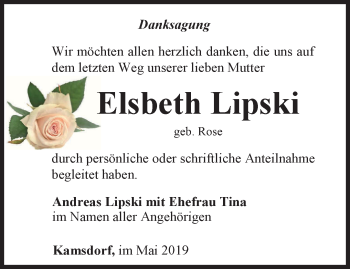 Traueranzeige von Elsbeth Lipski von Thüringer Allgemeine, Thüringische Landeszeitung, Ostthüringer Zeitung