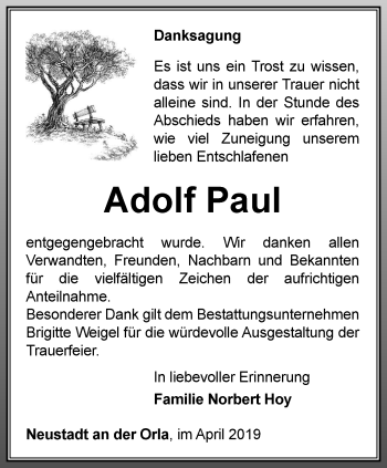 Traueranzeige von Adolf Paul von Ostthüringer Zeitung