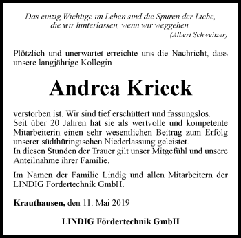 Traueranzeige von Andrea Krieck von Thüringer Allgemeine, Thüringische Landeszeitung