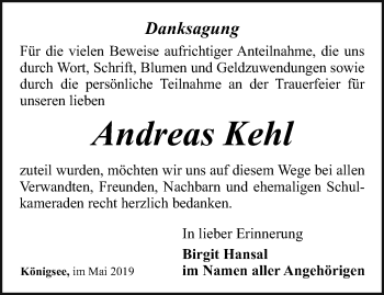 Traueranzeige von Andreas Kehl von Ostthüringer Zeitung