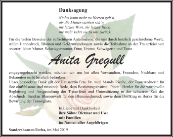 Traueranzeige von Anita Gregull von Thüringer Allgemeine