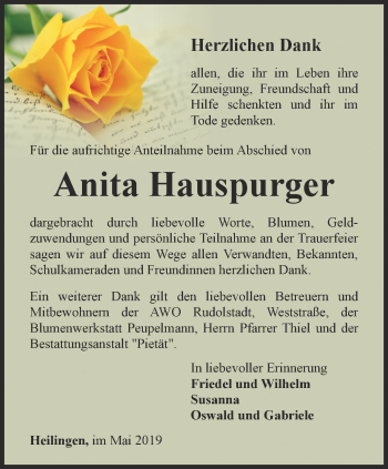 Traueranzeige von Anita Hauspurger von Ostthüringer Zeitung