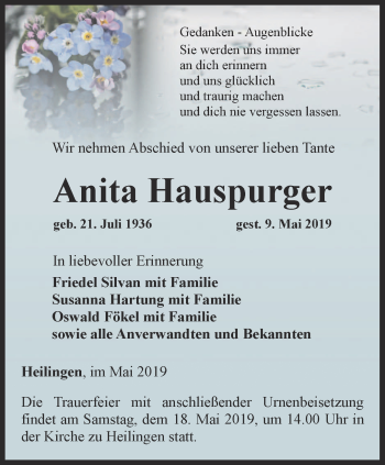 Traueranzeige von Anita Hauspurger von Ostthüringer Zeitung