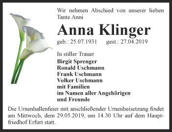 Traueranzeige von Anna Klinger von Thüringer Allgemeine, Thüringische Landeszeitung