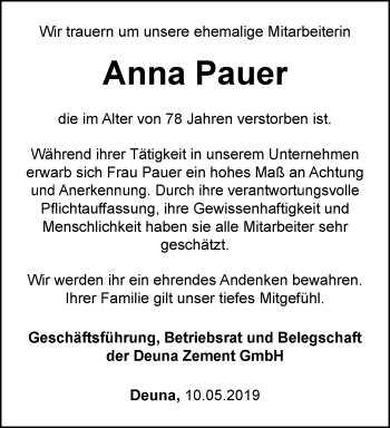 Traueranzeige von Anna Pauer von Thüringer Allgemeine