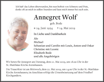 Traueranzeige von Annegret Wolf von Thüringer Allgemeine