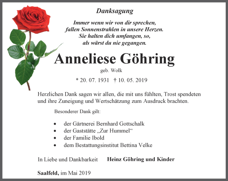  Traueranzeige für Anneliese Göhring vom 25.05.2019 aus Ostthüringer Zeitung