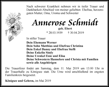 Traueranzeige von Annerose Schmidt von Ostthüringer Zeitung