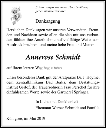 Traueranzeige von Annerose Schmidt von Ostthüringer Zeitung