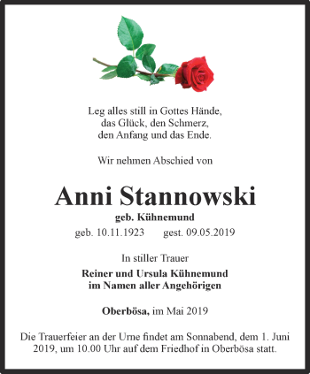 Traueranzeige von Anni Stannowski von Thüringer Allgemeine
