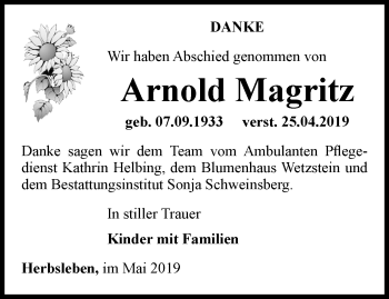 Traueranzeige von Arnold Magritz von Thüringer Allgemeine, Thüringische Landeszeitung