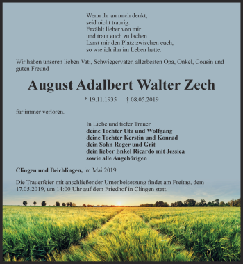 Traueranzeige von August Adalbert Walter Zech von Thüringer Allgemeine