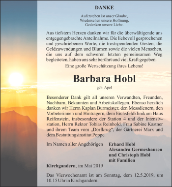 Traueranzeige von Barbara Hobl von Thüringer Allgemeine
