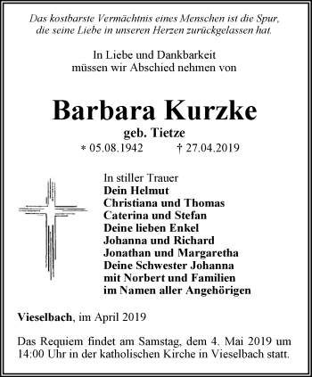 Traueranzeige von Barbara Kurzke von Thüringer Allgemeine, Thüringische Landeszeitung