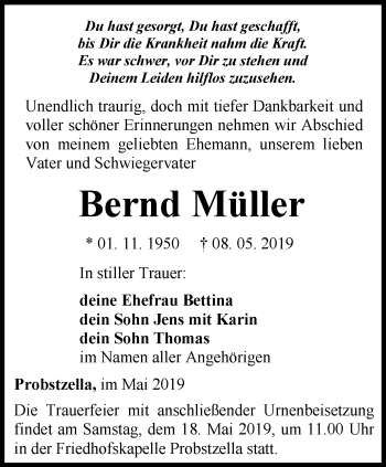 Traueranzeige von Bernd Müller von Ostthüringer Zeitung