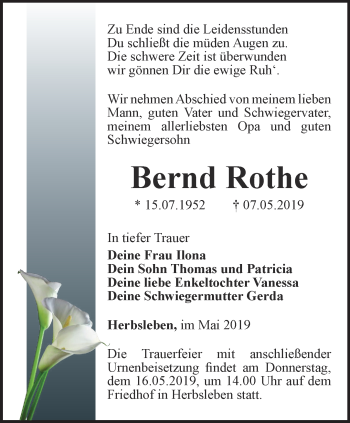 Traueranzeige von Bernd Rothe von Thüringer Allgemeine, Thüringische Landeszeitung