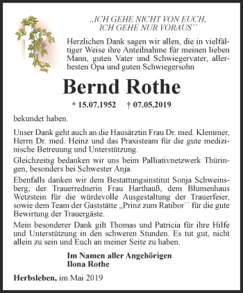 Traueranzeige von Bernd Rothe von Thüringer Allgemeine, Thüringische Landeszeitung