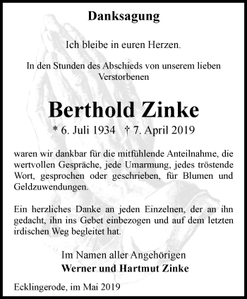 Traueranzeige von Berthold Zinke von Thüringer Allgemeine
