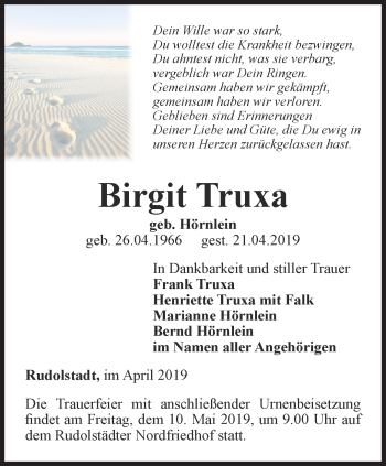 Traueranzeige von Birgit Truxa von Ostthüringer Zeitung