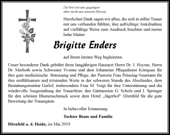 Traueranzeige von Brigitte Enders von Ostthüringer Zeitung