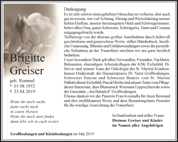 Traueranzeige von Brigitte Greiser von Thüringer Allgemeine