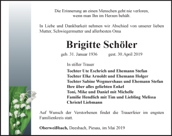 Traueranzeige von Brigitte Schöler von Ostthüringer Zeitung