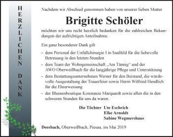 Traueranzeige von Brigitte Schöler von Ostthüringer Zeitung