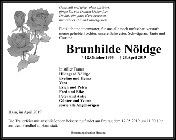 Traueranzeige von Brunhilde Nöldge von Thüringer Allgemeine