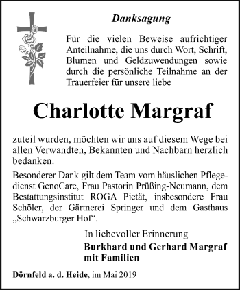 Traueranzeige von Charlotte Margraf von Ostthüringer Zeitung