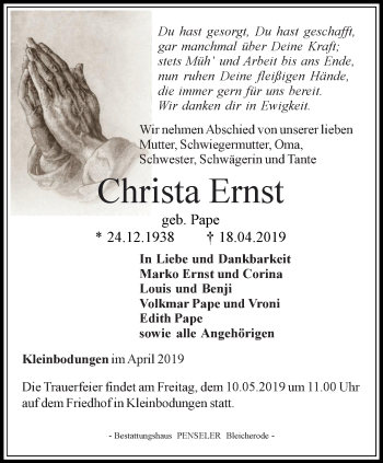 Traueranzeige von Christa Ernst von Thüringer Allgemeine