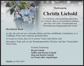 Traueranzeige von Christa Liebold von Ostthüringer Zeitung