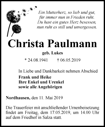 Traueranzeige von Christa Paulmann von Thüringer Allgemeine