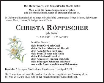 Traueranzeige von Christa Röppischer von Ostthüringer Zeitung