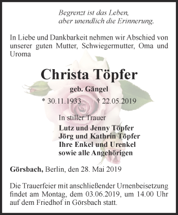 Traueranzeige von Christa Töpfer von Thüringer Allgemeine