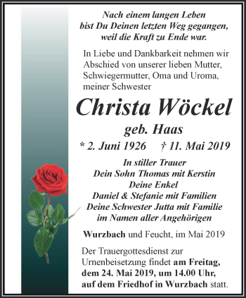 Traueranzeige von Christa Wöckel von Ostthüringer Zeitung