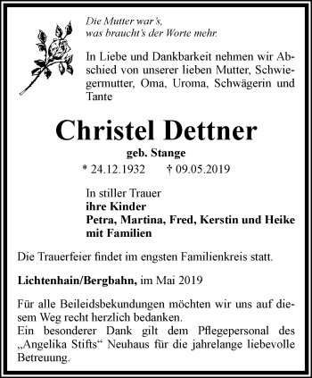 Traueranzeige von Christel Dettner von Ostthüringer Zeitung