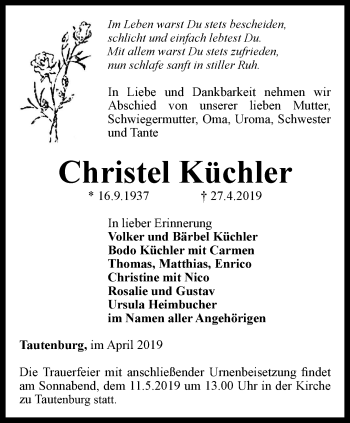 Traueranzeige von Christel Küchler von Ostthüringer Zeitung, Thüringische Landeszeitung