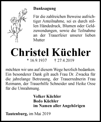 Traueranzeige von Christel Küchler von Ostthüringer Zeitung, Thüringische Landeszeitung