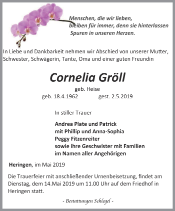 Traueranzeige von Cornelia Gröll von Thüringer Allgemeine