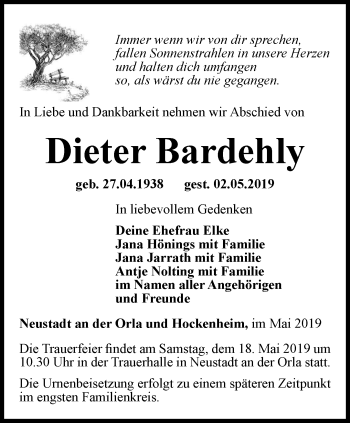 Traueranzeige von Dieter Bardehly