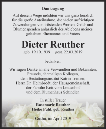 Traueranzeige von Dieter Reuther von Ostthüringer Zeitung, Thüringische Landeszeitung