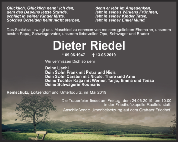 Traueranzeige von Dieter Riedel von Ostthüringer Zeitung