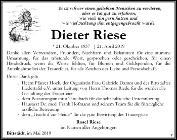 Traueranzeige von Dieter Riese von Thüringer Allgemeine