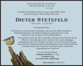 Traueranzeige von Dieter Stetefeld von Ostthüringer Zeitung