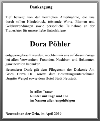 Traueranzeige von Dora Pöhler von Ostthüringer Zeitung