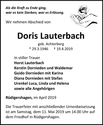 Traueranzeige von Doris Lauterbach von Thüringer Allgemeine